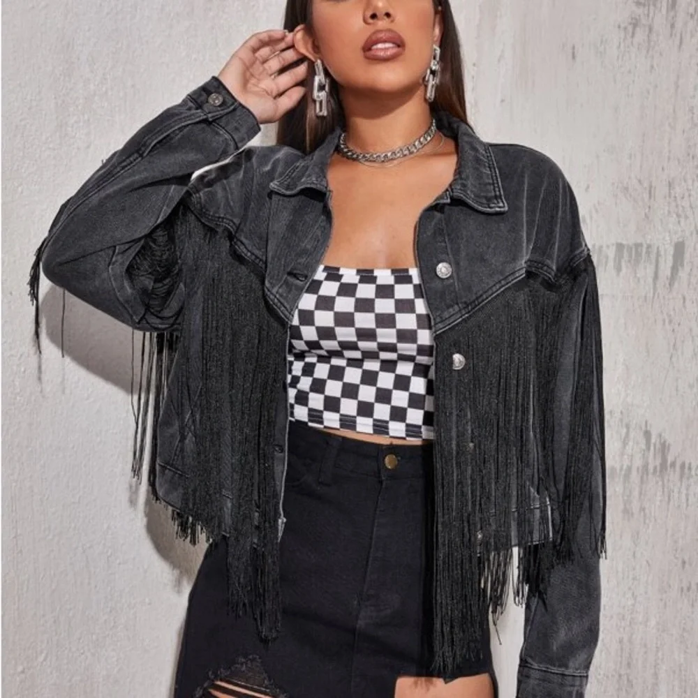 Women's Black Fringe Denim Jacket - Statement Jean Coat - Picture 3 of 5